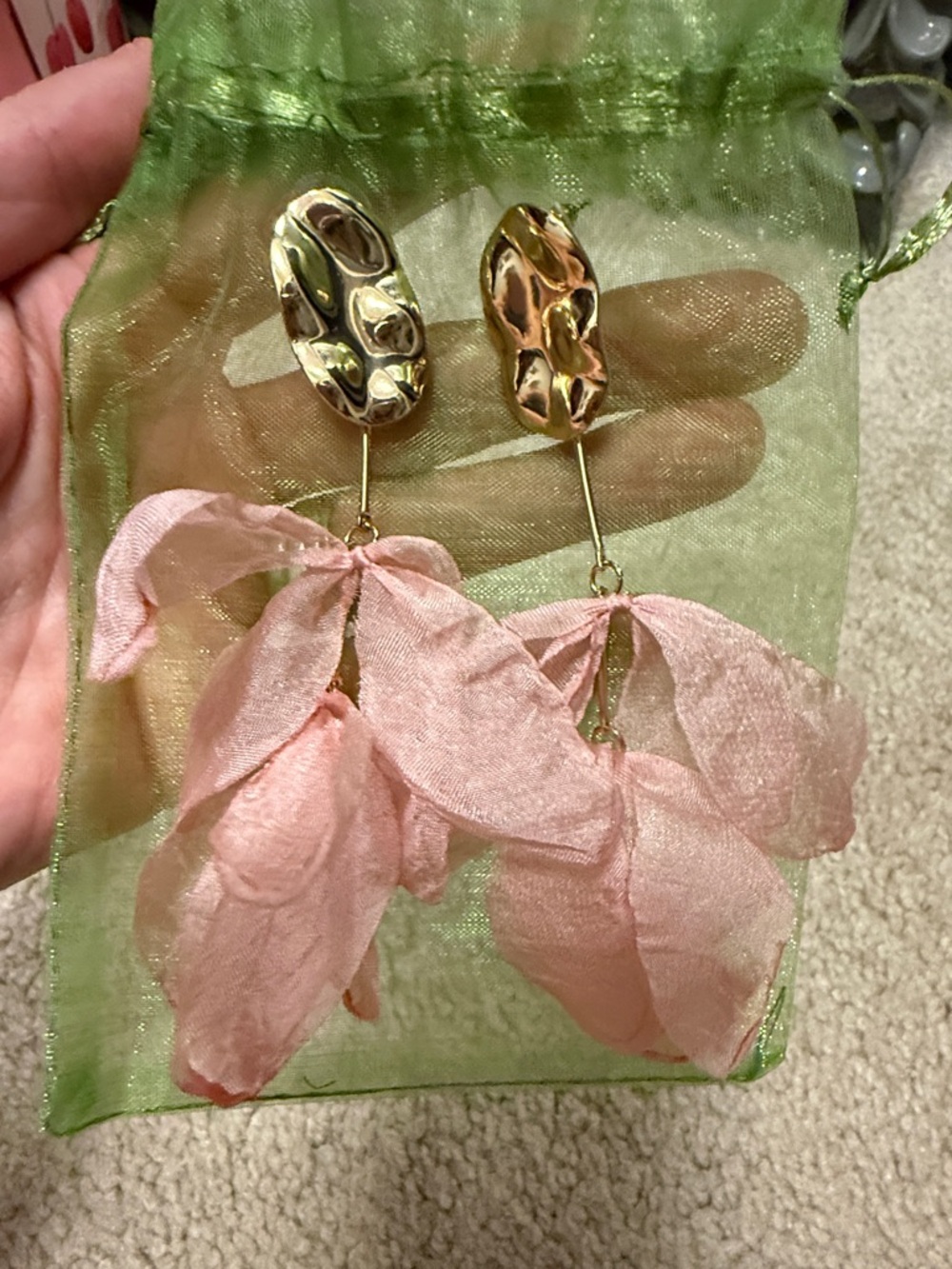 Gold Drop Earrings with Pink Petal Charms